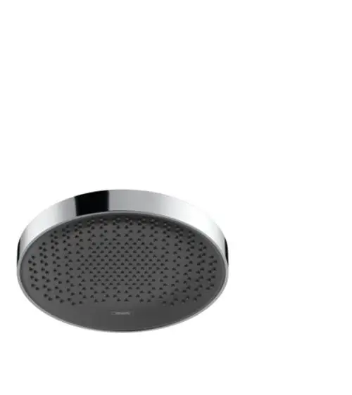 Kreisförmige Kopfbrause mit glänzendem Chromrand und schwarzer Oberfläche, geeignet für die Montage in Duschen, von der Marke Hansgrohe.